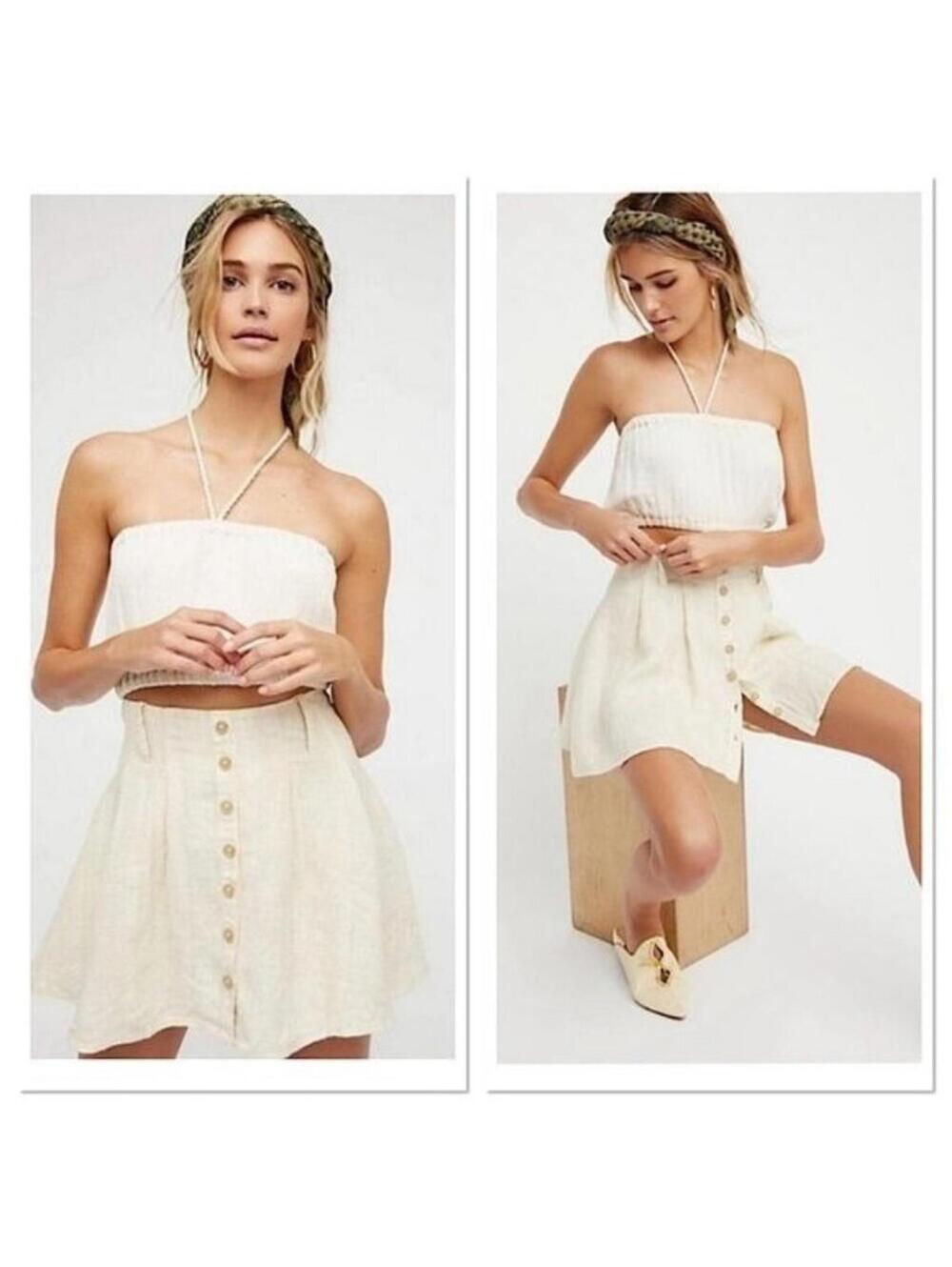 FREE PEOPLE Daze Away Button Front Linen Mini Skort in Cream White Sz 0 LIKE NEW
